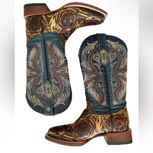 Tanner Mark Teal And Tan Embroidered Hand Tooled Square Toe Boots Size 7